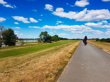 Mit dem Fahrrad auf dem Deich neben der Elbe